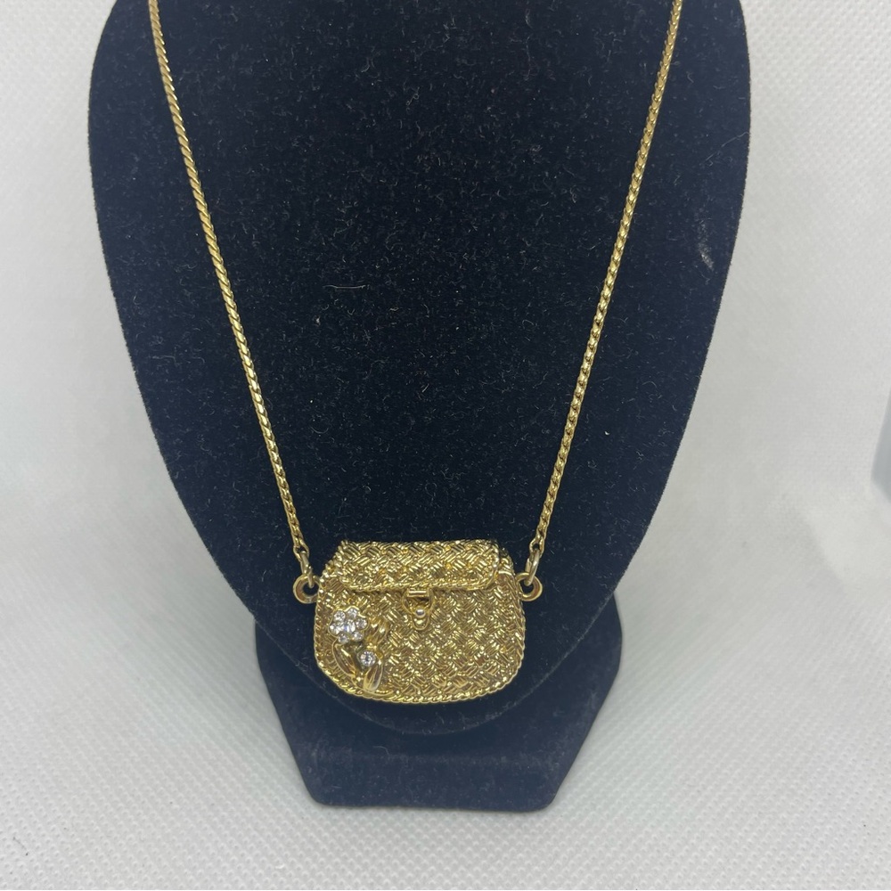 1928 Goldweave and Rhinestone Flower Purse Pendant Charm Necklace - Picture 3 of 9
